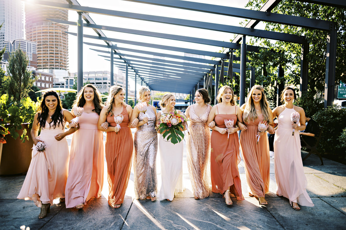 Bridesmaids walking in the Rose Kennedy Greenway