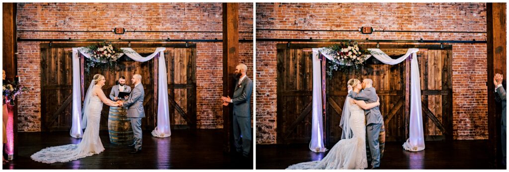 bride and groom first kiss during their wedding ceremony at 1620 Winery