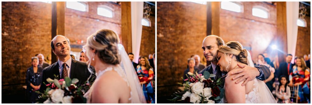 bride and her father embrace walking down the aisle at 1620 Winery