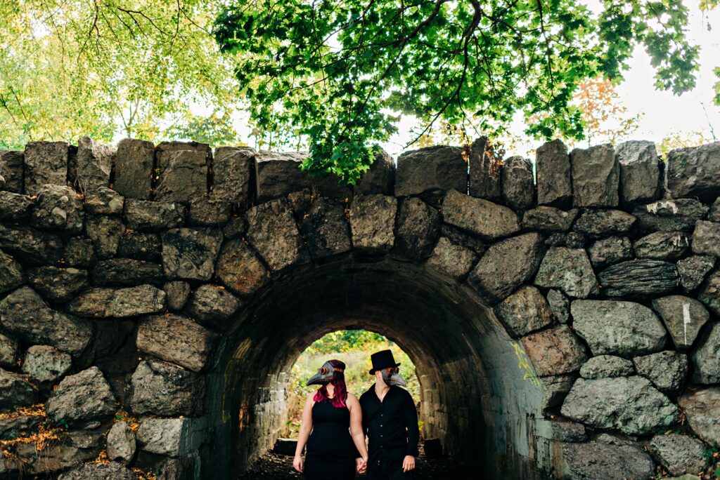 Halloween inspired engagement photos with masks 