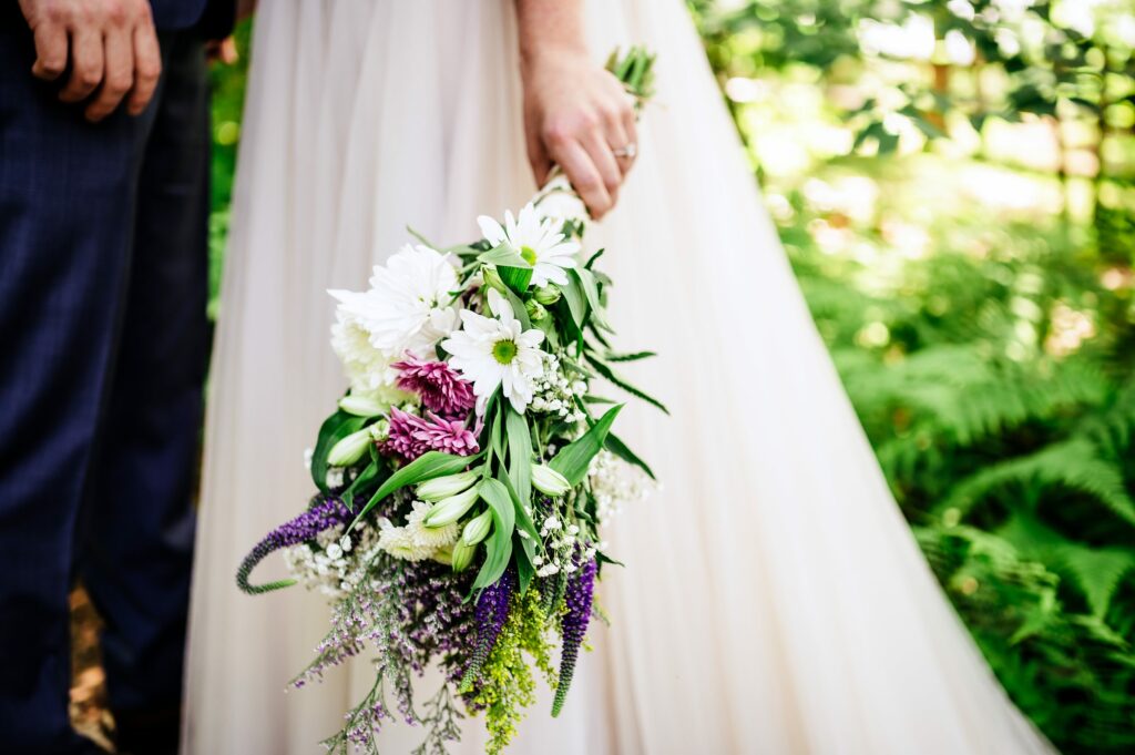 Natural and organic bridal bouquet for Tree House Brewing Co. Wedding