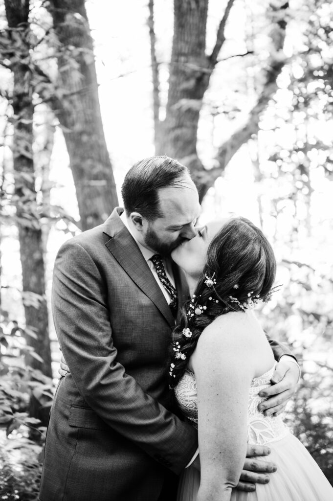 Black and white portrait of bride and groom 