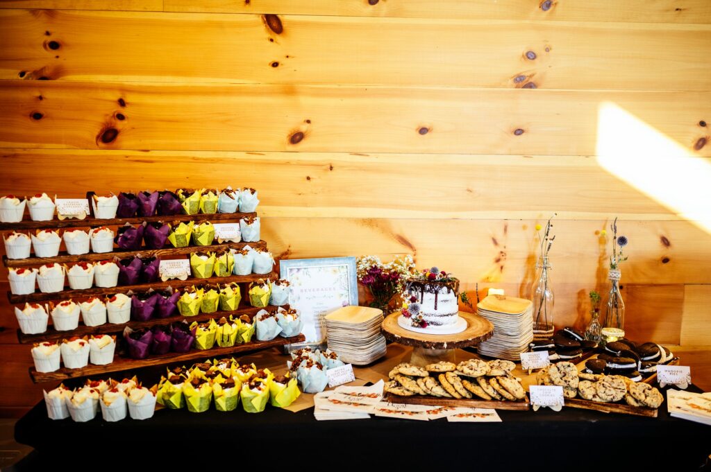 Desserts and cookie display for casual laid- back wedding