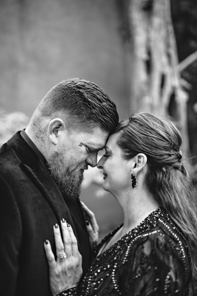 Black and white portrait of bride and groom during Salem elopement