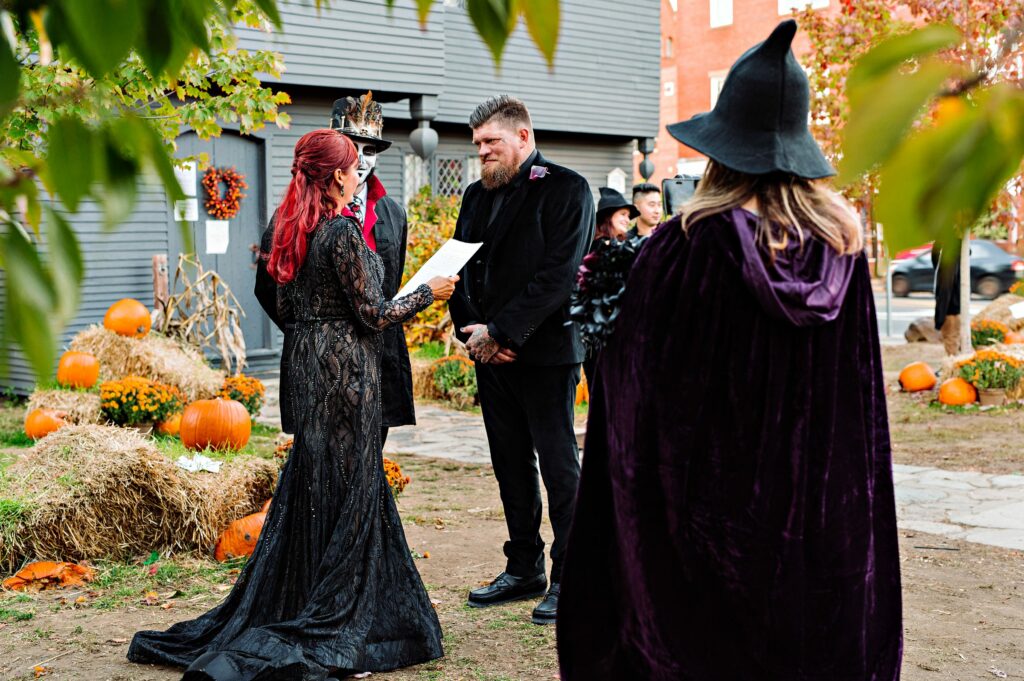 Salem elopement ceremony in front of the Witch House in Salem, MA