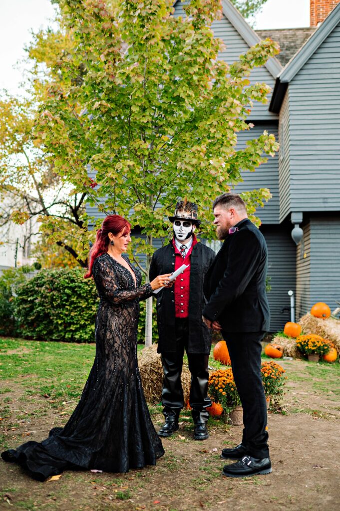 Salem elopement ceremony in front of the Witch House in Salem, MA