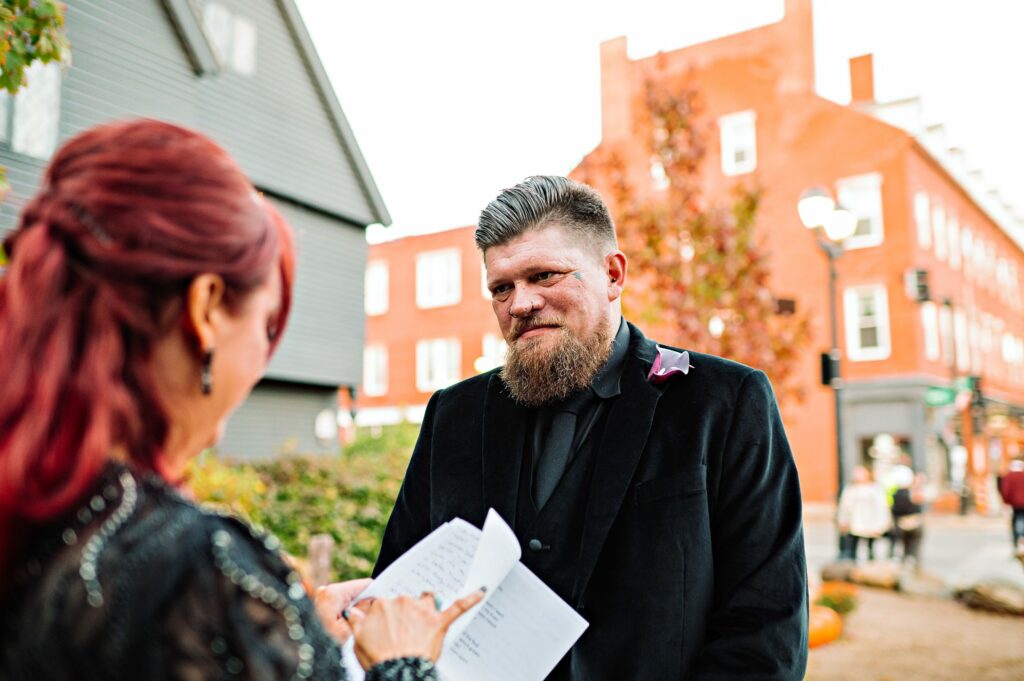 Salem elopement ceremony in front of the Witch House in Salem, MA