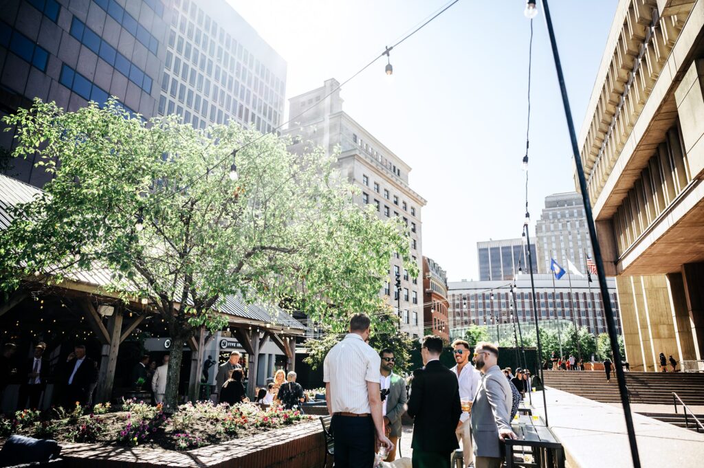 Casual elopement reception at Distraction and Democracy Beer Garden