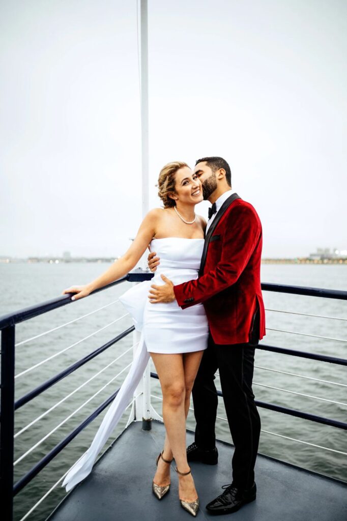 Bride and groom portraits on the Lexington with the Charles River Boat Company for welcome party cruise