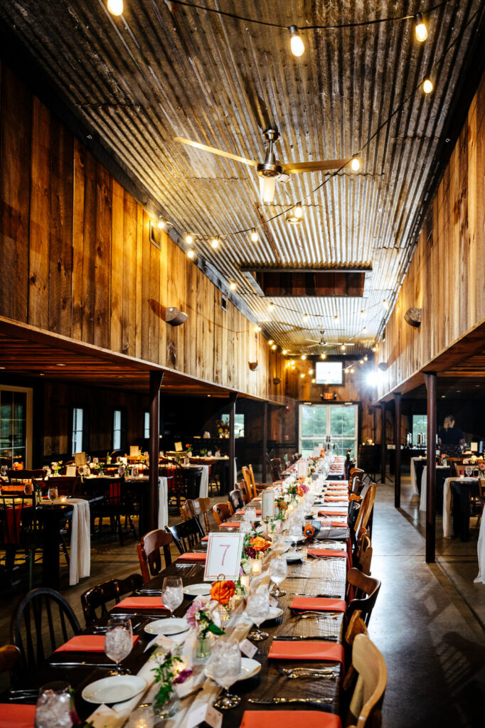 Long farm table reception set up